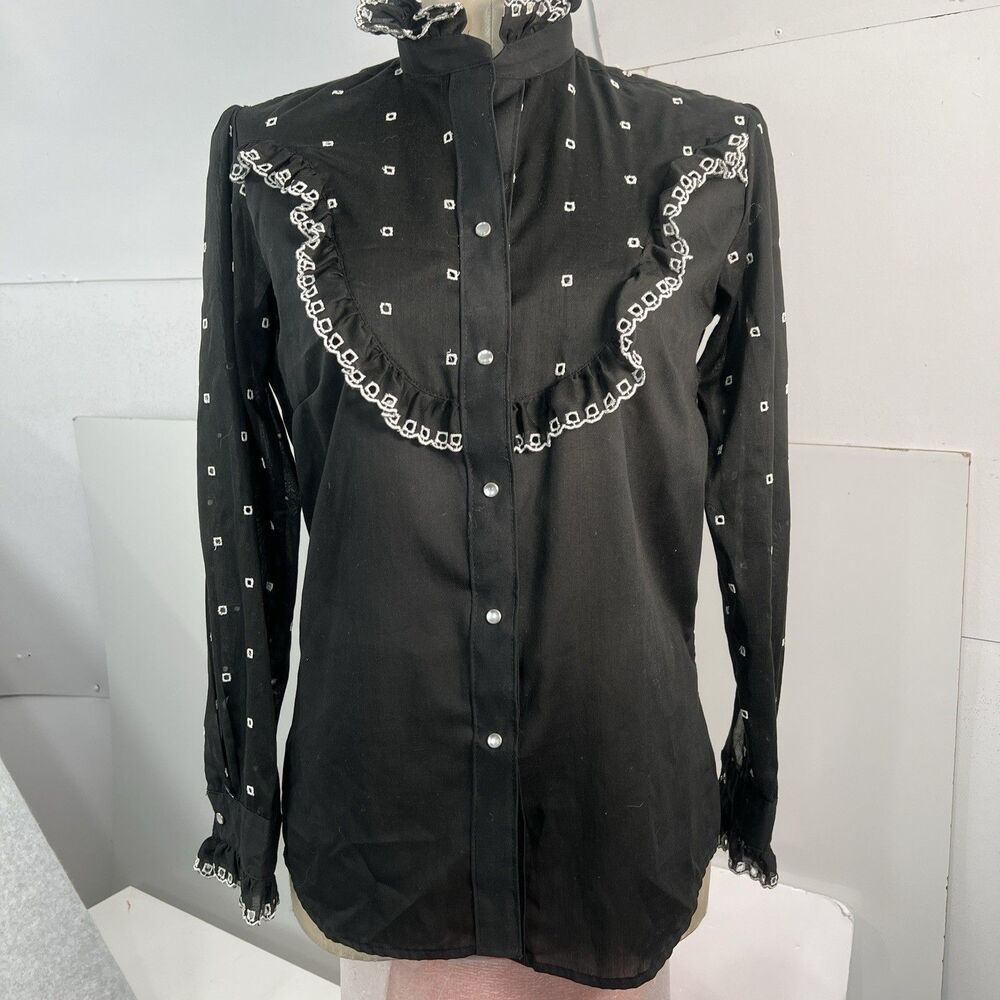 Vintage Rockmount Ranch Wear Shirt Womens 34 M Black Western eyelet Pearl Snap